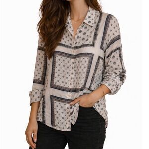 Free People Voile Little Secrets Shirt Womens Sz M White Blue Print Button Front